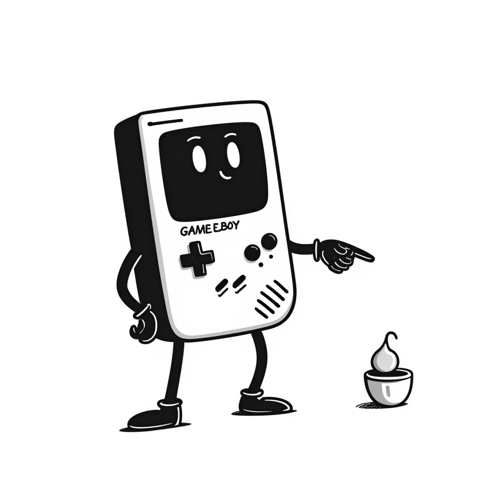 1930s style cartoon gameboy console character, cuphead-style, in black and white, on a plain white background, pointing at something.

 emoji