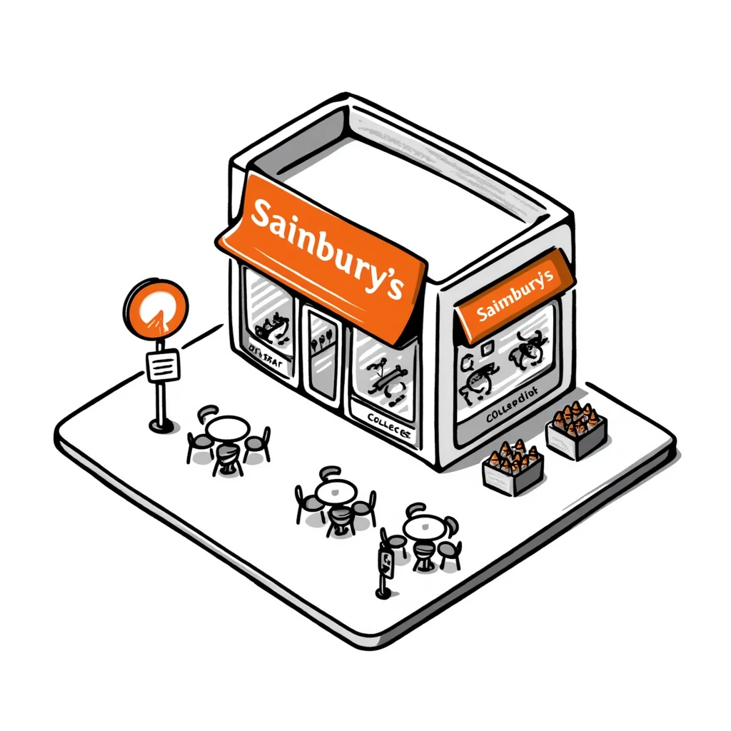 Isometric Sainsbury's supermarket with orange branding, Nectar card logo visible, shopping trolley collection points, and cafe area with outdoor seating emoji