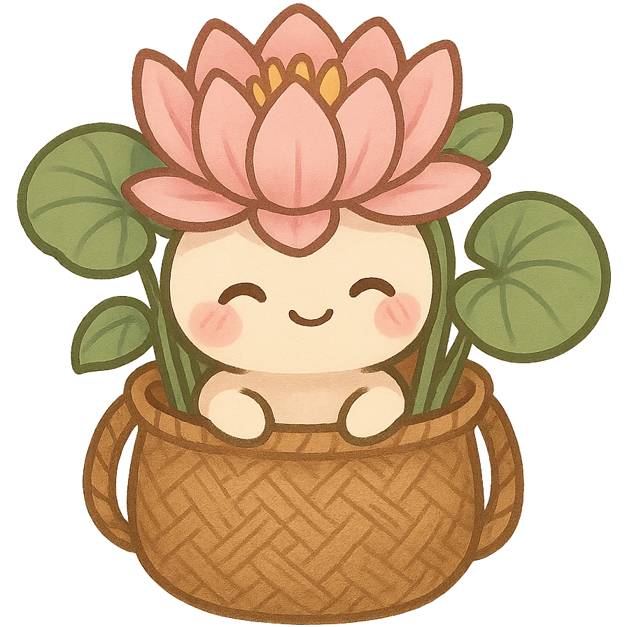 mascota para proyecto productivo, lirio de agua sentado dentro de un bolso artesanal, expresión dulce y acogedora, detalles de hojas y tejido emoji