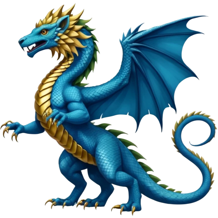 Mušḫuššu, ancient divine beast: blue scaled serpentine body, lion mane, lion forelegs, eagle hind legs, long neck, horned dragon head, lizard tail, optional wings emoji