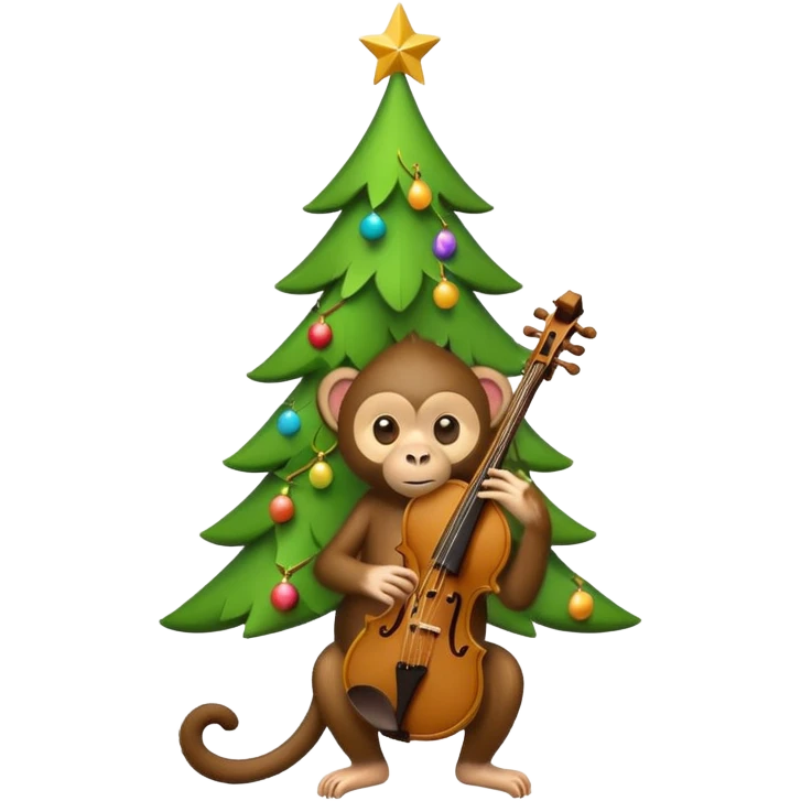 A cute, minimal emoji-style Christmas tree with a bright green triangular shape decorated and a small playful monkey with a violin emoji