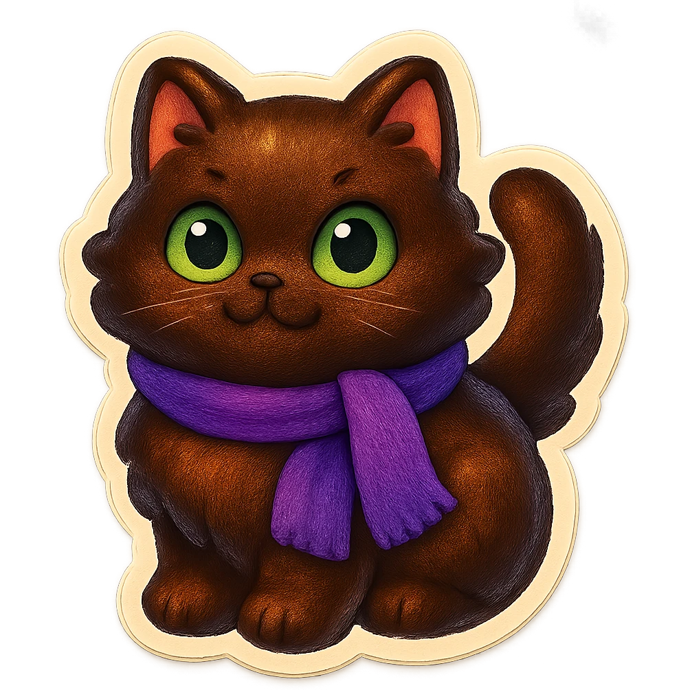 Fluffy meowing cute dark-brown cat with green eyes and a purple scarf  emoji
