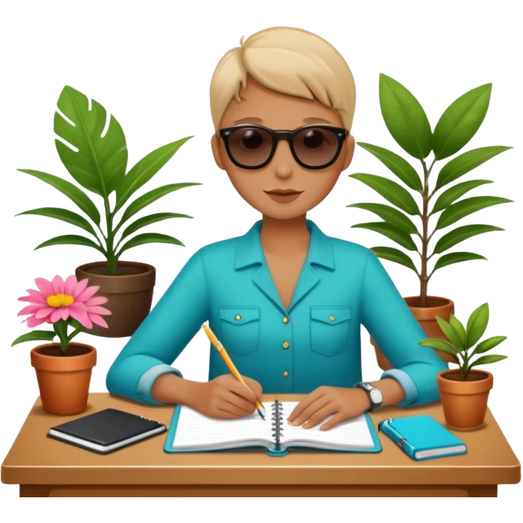 DE VACACIONES y detrás un escritorio moderno, con una notebook, una agenda y una planta con una flor emoji