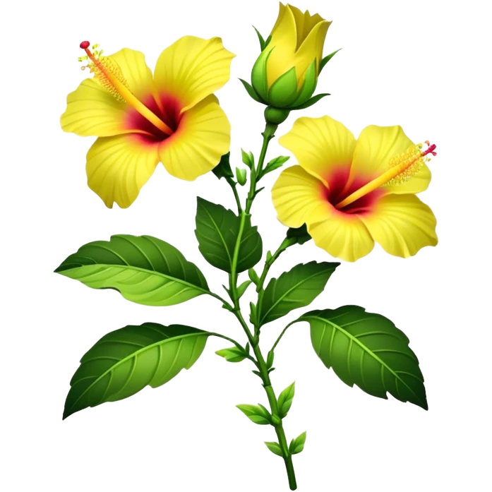 bouquet yellow Hawaiian hibiscus, luxuriant, stem, leaf, bud emoji