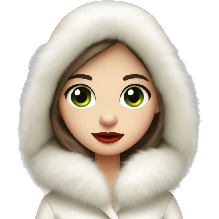 Slavic girl with green eyes and brown long hair wearing a white fur hat and white fur coat with red lips emoji