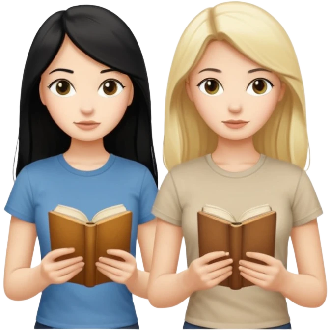 beautiful white girl with black hair in beige t-shirt and beautiful blonde with long hair in beige t-shirt reading beautiful vintage book emoji