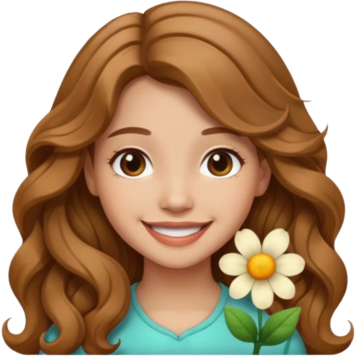 Please generate a portrait of a pretty girl with long, wavy, light brown hair., she's smiling. emoji