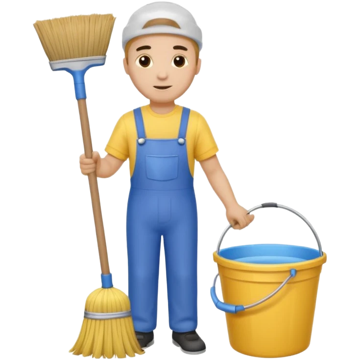 ligth man in cleaning clothes, holding a broom and a bucket emoji