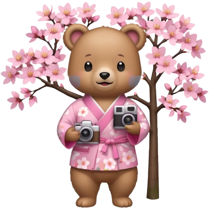 A cute light-brown bear wearing a pastel pink sakura-patterned kimono, normal balanced body ratio.  
Standing under a blooming sakura tree, holding a small camera and taking a picture with a happy smile.  
Kawaii emoji style, minimalistic clean sticker illustration, simple scenic background.
 emoji