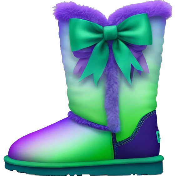 Realistic pair of green to purple ombre Ugg fur boots with silk ribbon bows. emoji