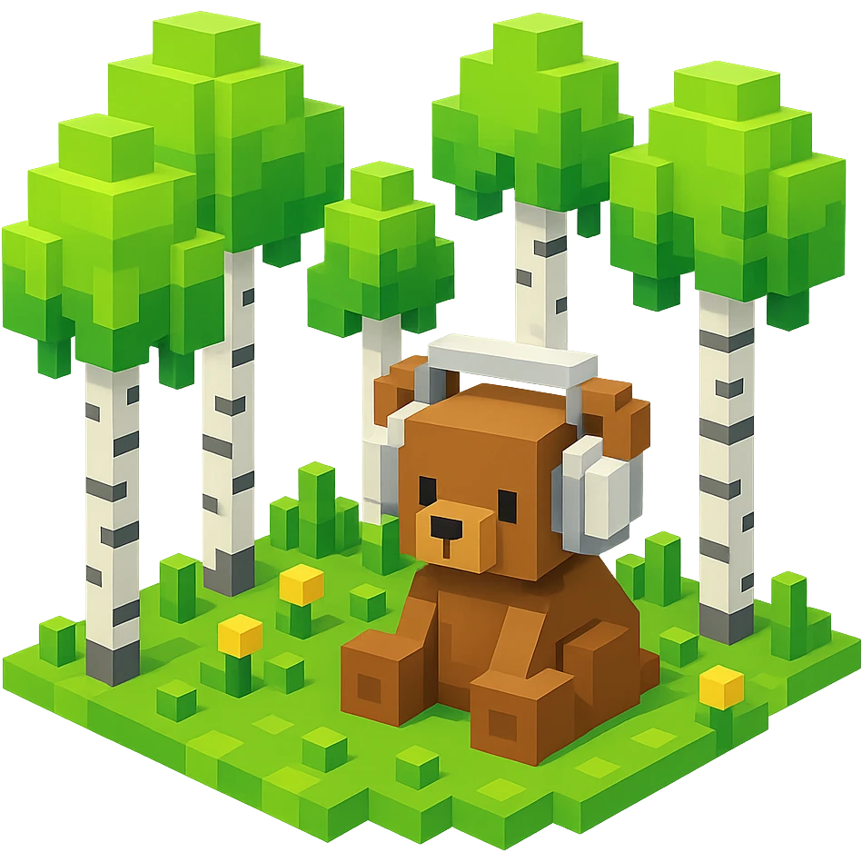 березовый лес, в котором сидит бурый медвежонок в белых наушниках, no background  emoji