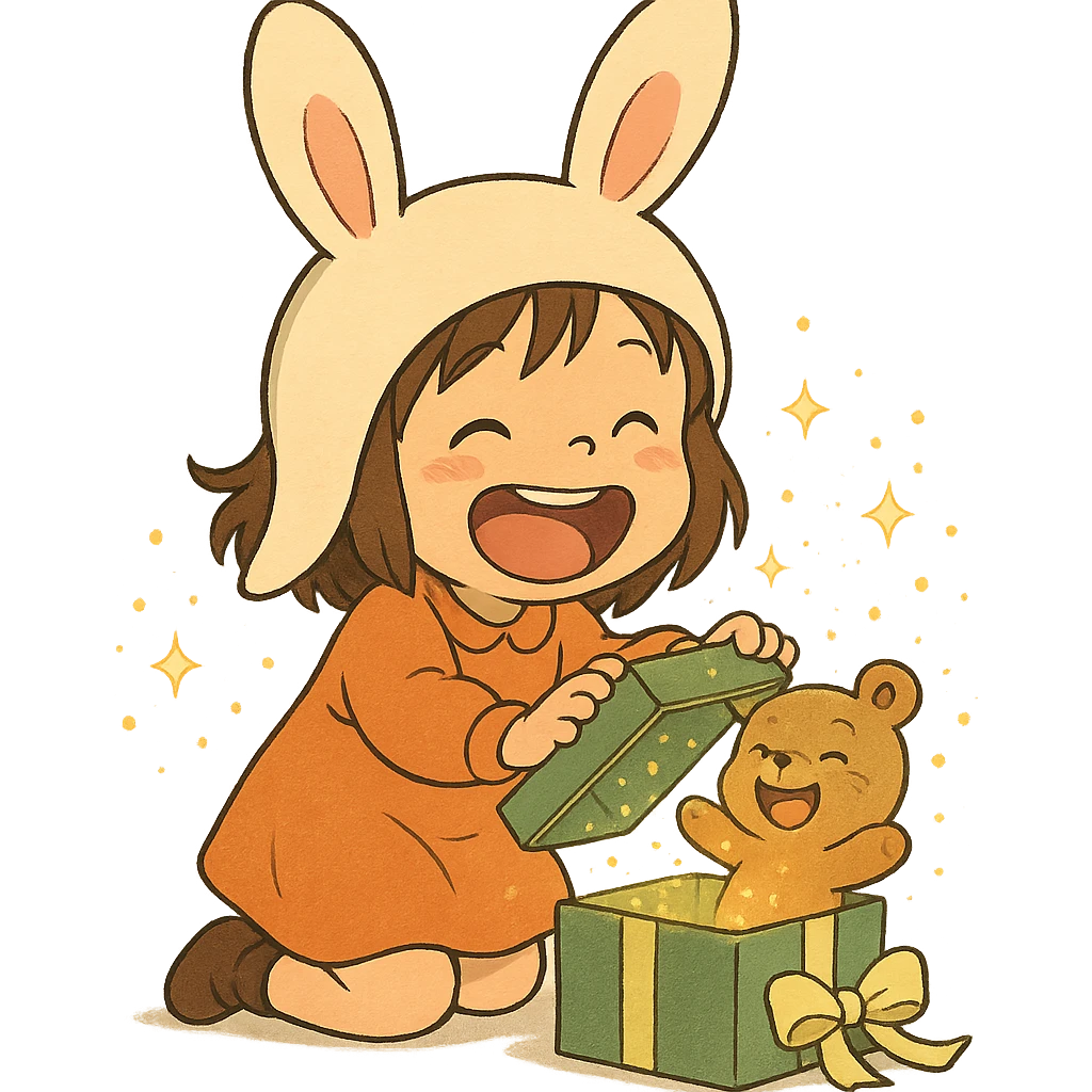 laughing chibi cute girl with a bunny hat, unwrapping a magical glitter gift box with a small laughing teddy bear inside, full body, clean and polished, no imperfections, soft Ghibli style emoji