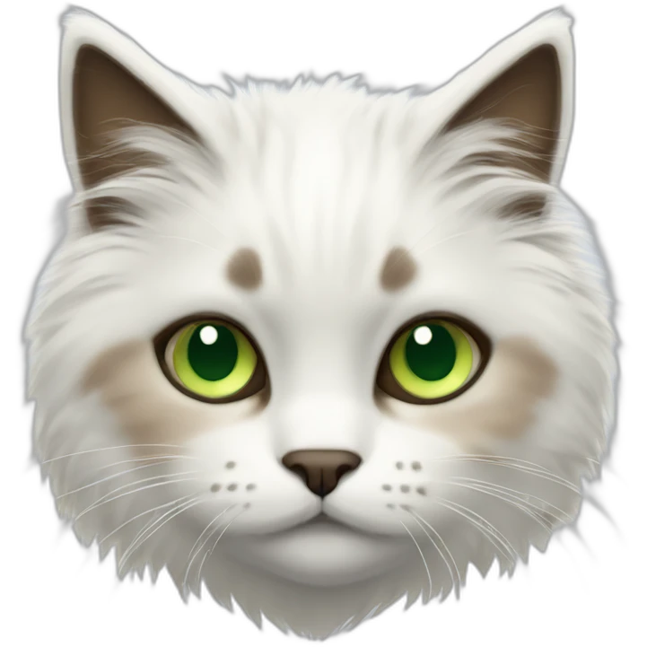 white fluffy bi-colour cat with dark brown ears and upper head, brown ears and green eyes emoji