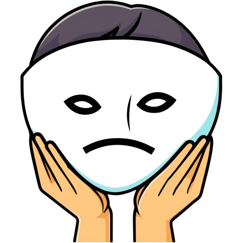 person holding a happy mask in front of their face, sad behind it emoji