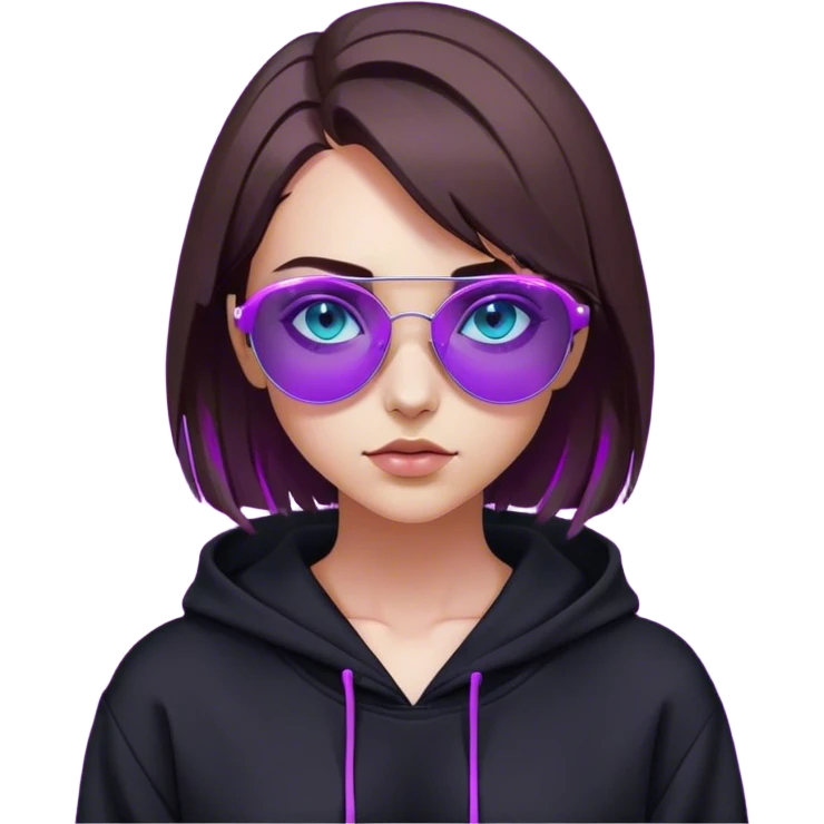 
girl with brown bob and blue eyes in a black hoodie and sunglasses. Cyberpunk style. Violet neon. emoji