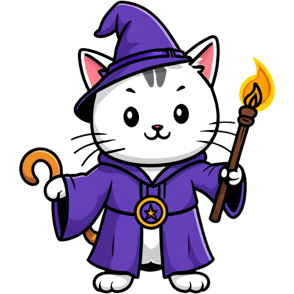 A cat wizard casting a spell with magical staff and flowing robes emoji