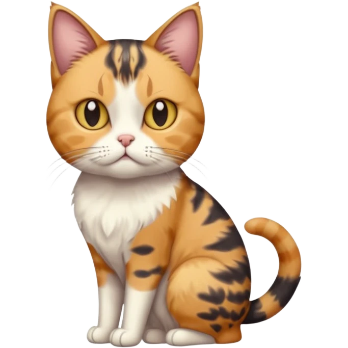 full body calico tabby cat with skinny head and fat body with an anxious face emoji