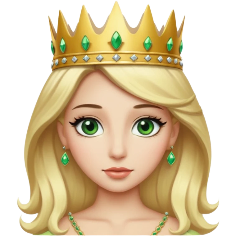 Emoji d’une femme blonde aux yeux en amande vert avec de long cils noir et une couronne avec écrit Princesse Elite emoji