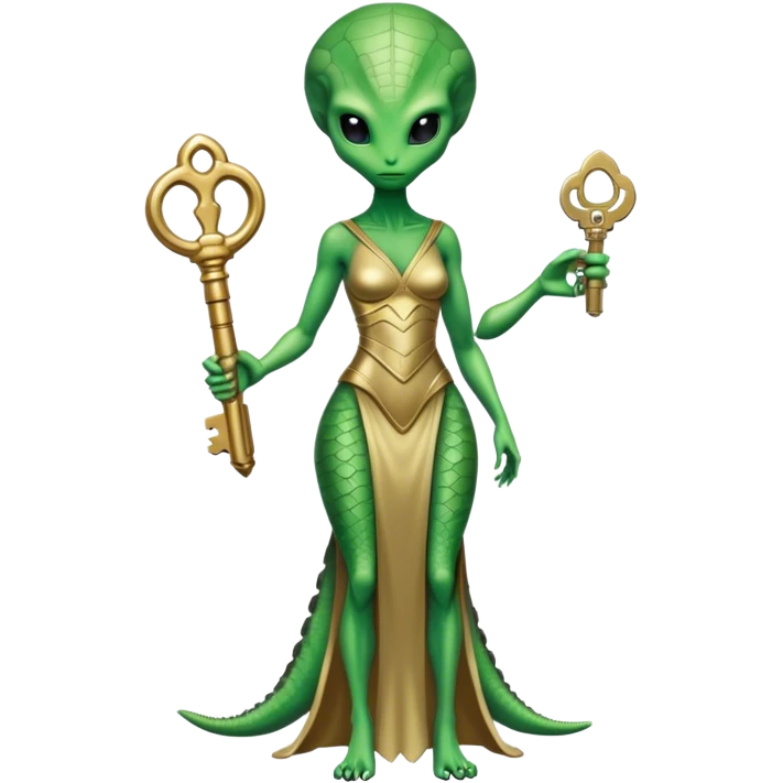 a reptilian alien woman green , in gold dress, hold a big key, full figure emoji