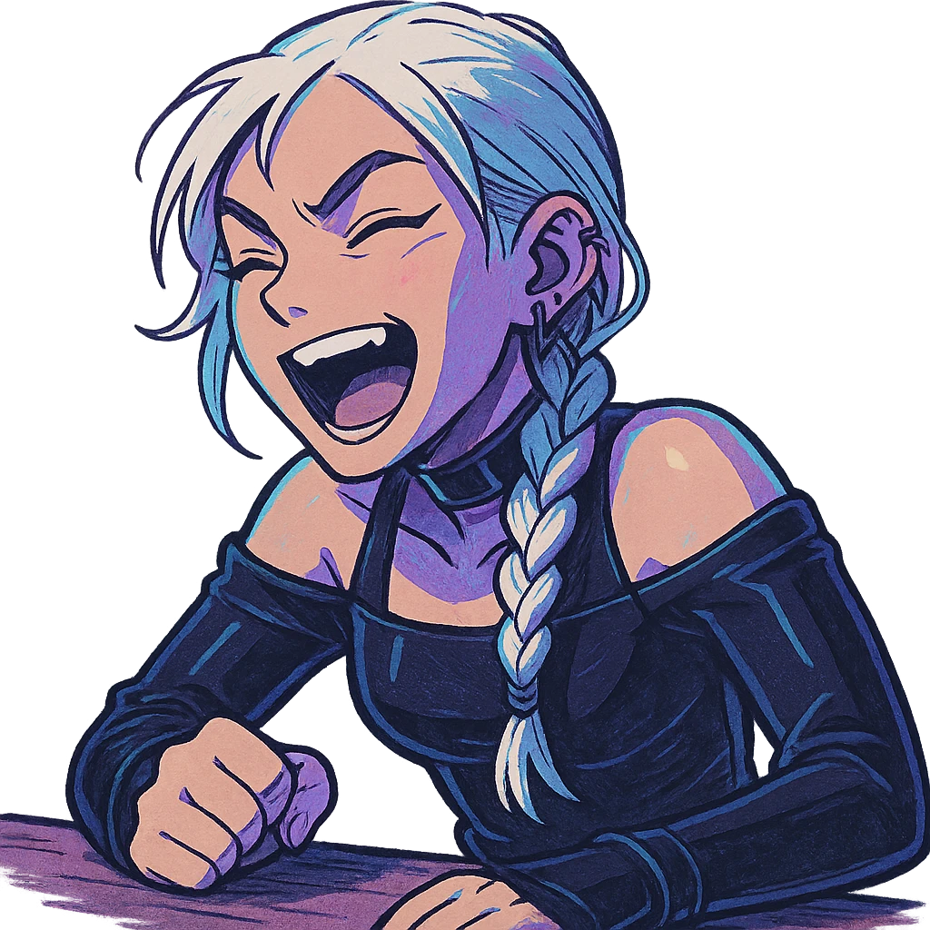  she is laughing outrageously and pounding her fist on the table, eyebrows pointed up, a closeup portrait of young woman with gold yellow eyes, white hair, long braid, black off-shoulder top, punk gothic style, futuristic cyberwave cyberpunk, sitting position
 emoji