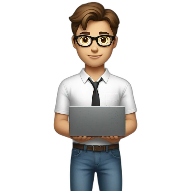 front view of young clark kent wearing white t-shirt using a laptop emoji