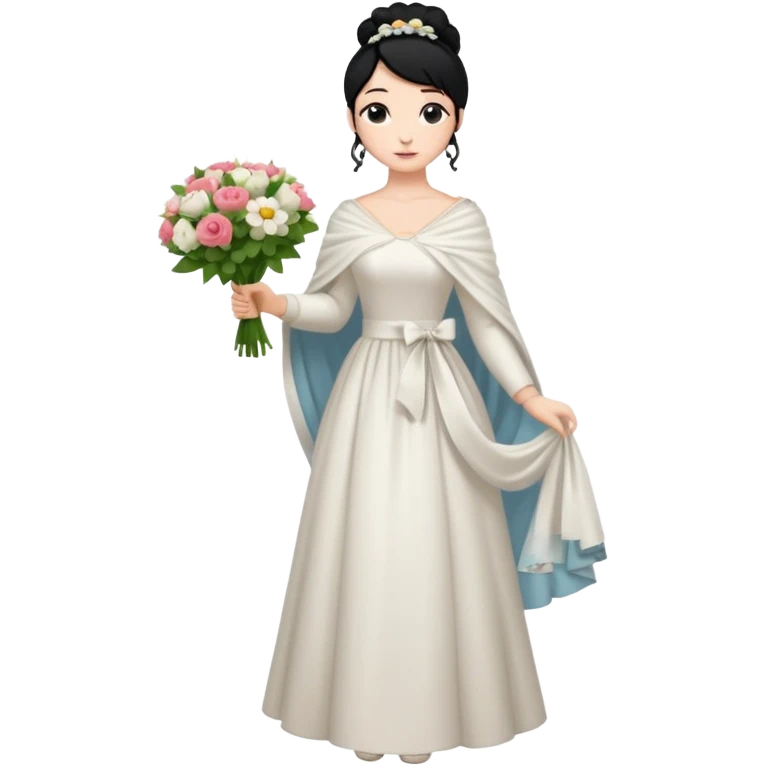Chica blanca,cuerpo entero, vestido boda ,manga larga ,con estola, pelo negro,    ramo de flores una mano, pelo recogido en moño alto emoji