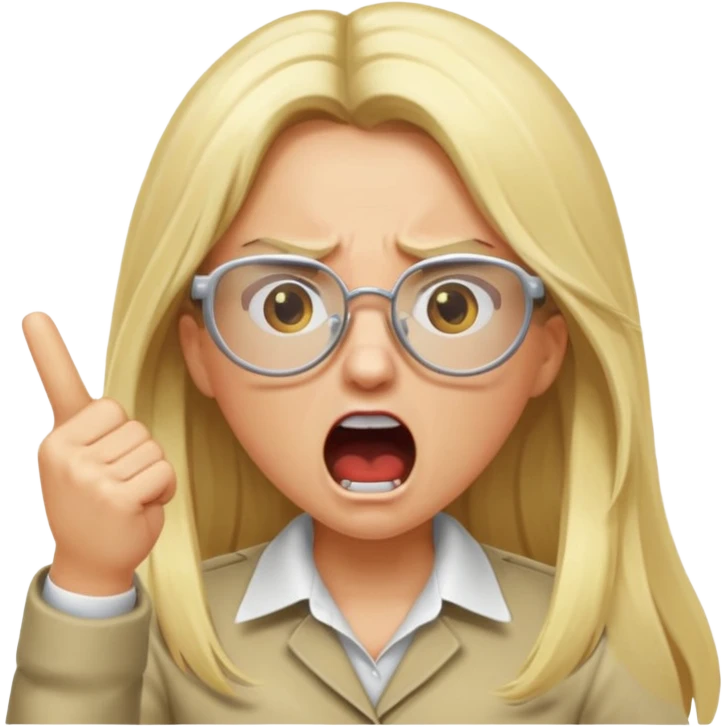 blonde girl with long hair, white glasses, shouting angry emoji