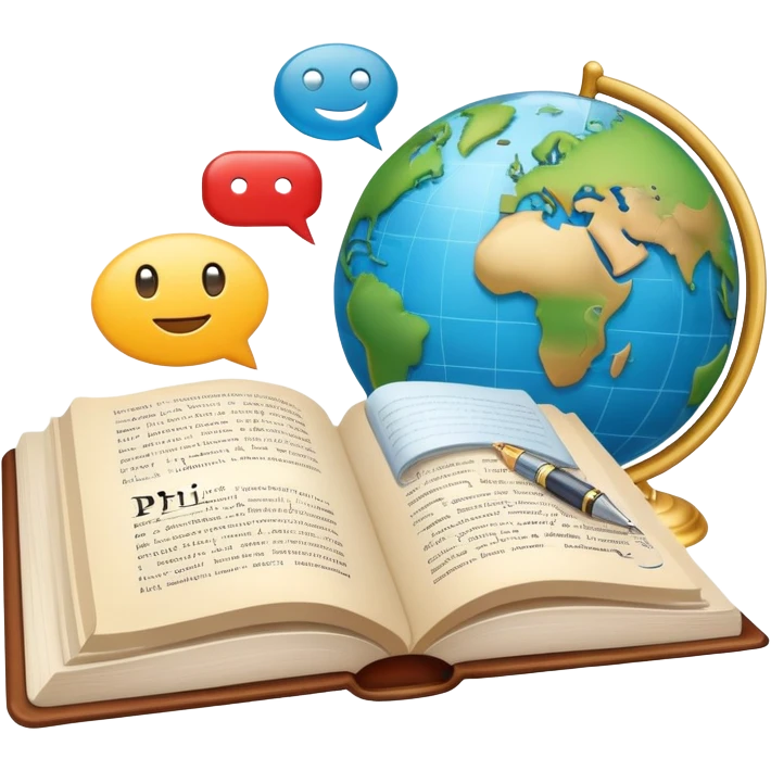 An icon featuring an open book, a speech bubble, and a pen, symbolizing philology and linguistics. The design includes a globe with language characters and grammar symbols, representing the study of languages and literature. Transparent background highlights language analysis. emoji