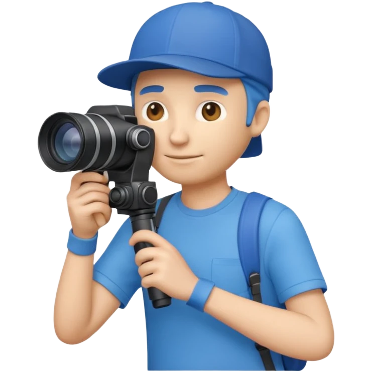 3D emoji-style icon of a photographer in side profile, wearing a blue cap backwards and a blue t-shirt, holding a professional camera with a long telephoto lens emoji