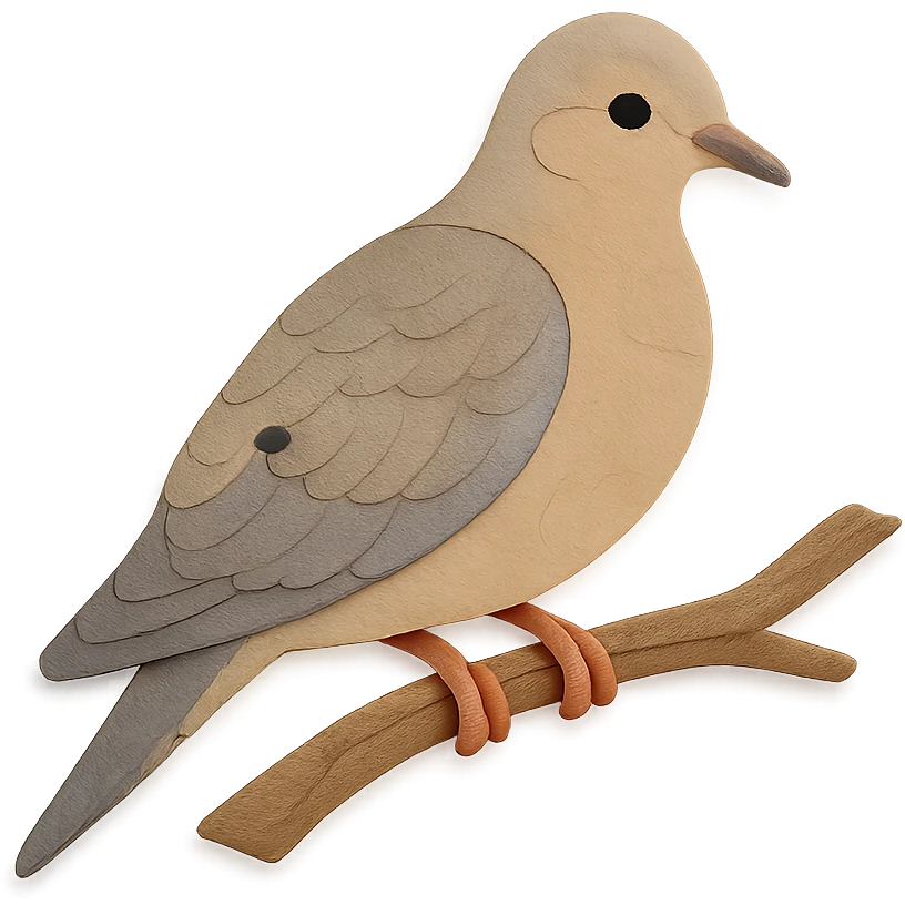 close-up of a mourning dove perched on a tree branch, fine paper edges, subtle feather patterns, soft color transitions emoji