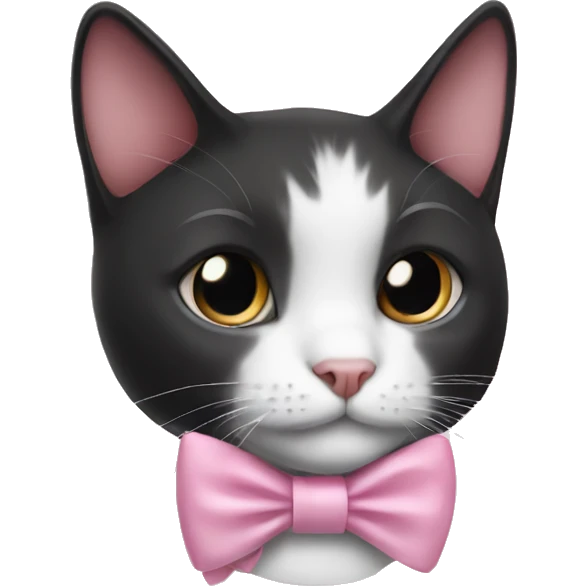 Black and white cat wearing a soft pink bow emoji