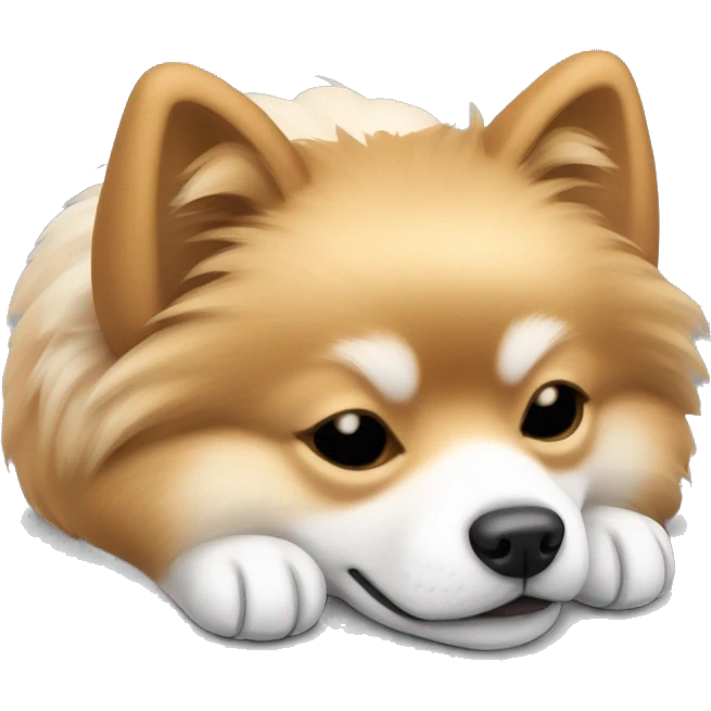 sleeping lying down pomeranian-spitz mix light brown and white with gray ears emoji