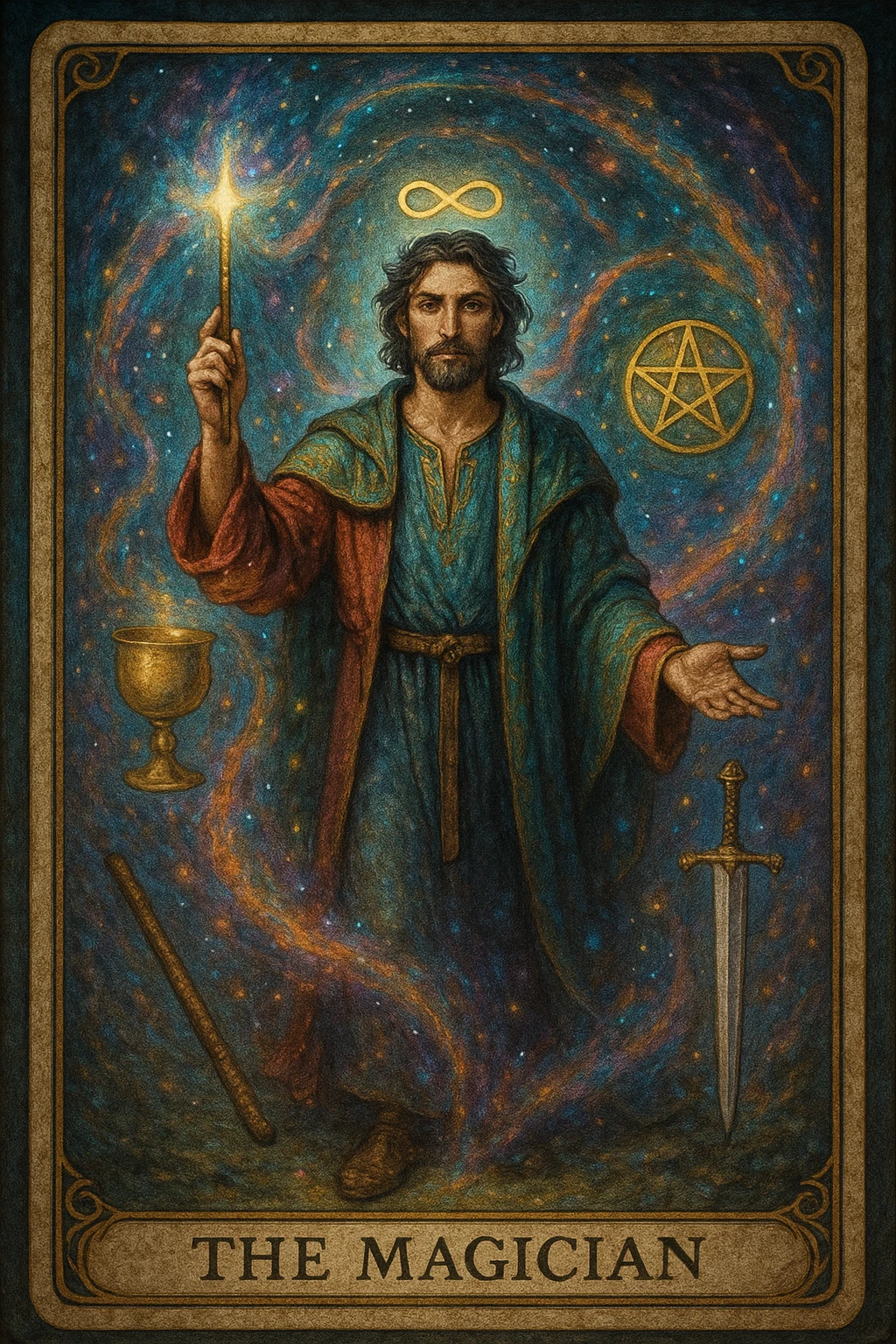 the magician tarot card, mystical, holding a wand, with symbols of the four suits (cup, pentacle, sword, wand), magical aura, vibrant colors emoji