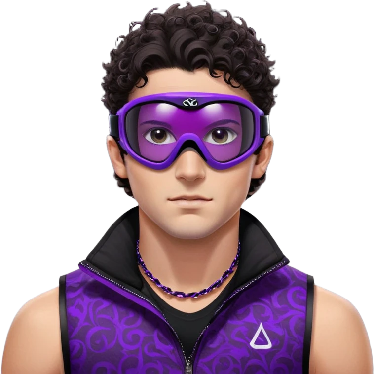 close-up of bad guy male athlete with white skin and moderately curly dark brown hair on top with shaved sides, wearing ski goggles with purple frames and very dark black lenses, a simple plain black chain necklace, and a completely unzipped sleeveless vest with purple and black sequin fire pattern design with no logo, with an extremely arrogant sneer on his face, looking menacing and villainous, exuding overconfidence and a threatening aura emoji
