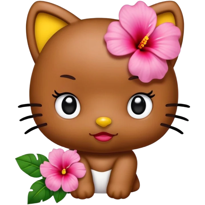 Brown skinned Hello kitty with her standard features, black round eyes, no mouth, and a yellow nose and instead of her signature red bow give her a pink hibiscus flower behind her ear emoji