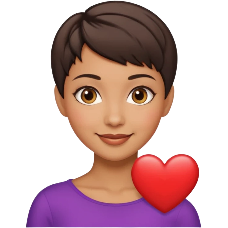 woman pixie cut dark brown hair, tan skin, brown almond eyes, heart shaped face emoji