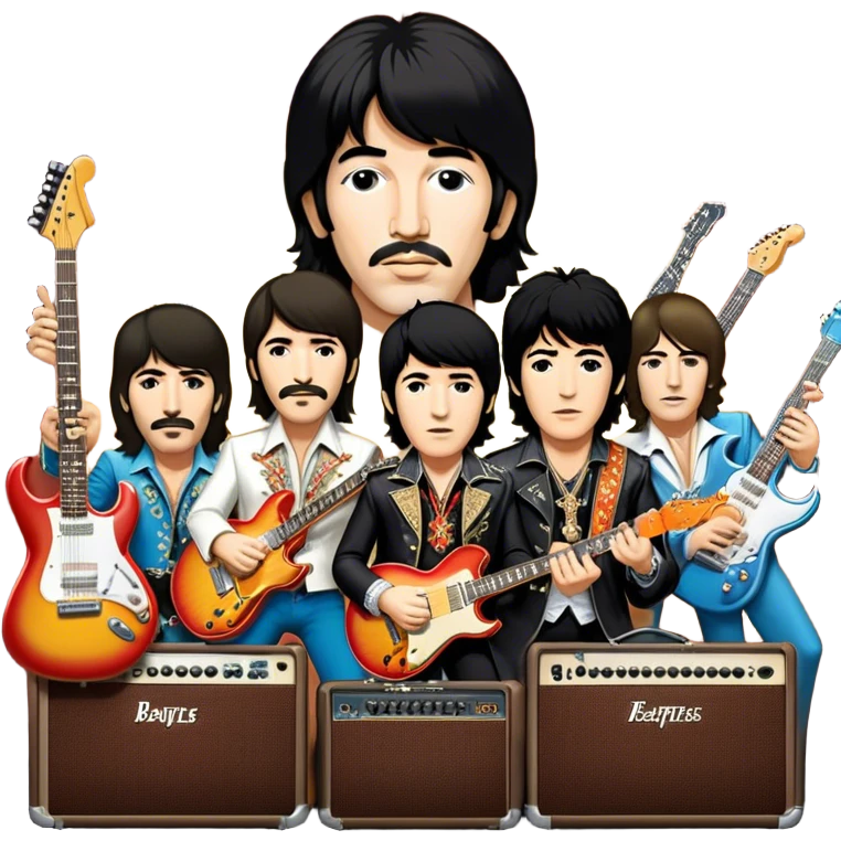Rock music icon: dynamic collage of global rock legends like The Beatles, Jimi Hendrix, Elvis Presley, Led Zeppelin, Queen, and Nirvana, surrounded by guitars, amplifiers, and stage lights. Symbolizing the energy and power of rock music. Transparent background. emoji