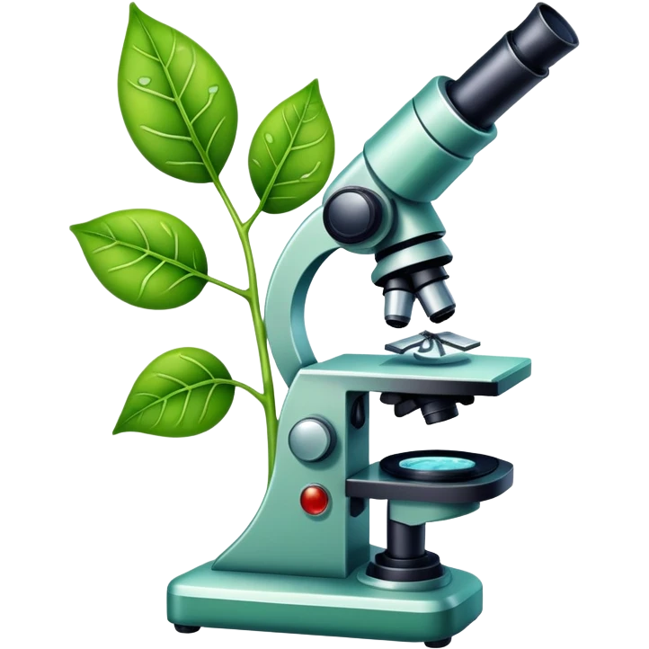 An icon featuring a DNA strand, a microscope with visible cells, and a green leaf, symbolizing biology. The design includes animal cells, plant structures, representing the study of living organisms and ecosystems. Transparent background highlights life sciences and biological research. emoji