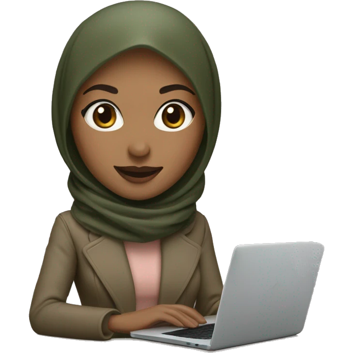 memoji of a woman with a laptop in front, apple-style,modern with dark olive green hijab,dark beige color coat, fair, rose lips, working on laptop with smile on face emoji