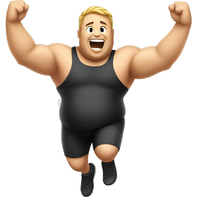 Fat guy jumping with fist in the air emoji