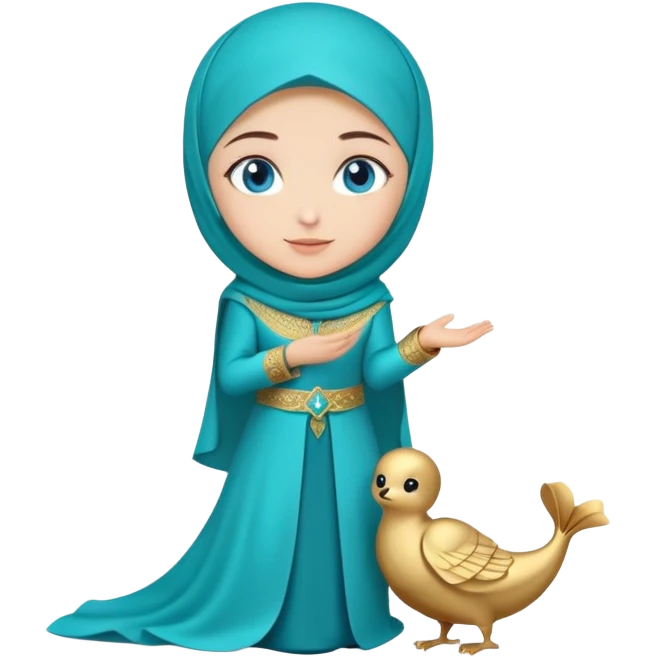 Turkish beautiful finish Konya girl blue eyes with gold hijab and islamic long tailed turquoise dress on the ground and had on her hand text Eid Mubarak  emoji