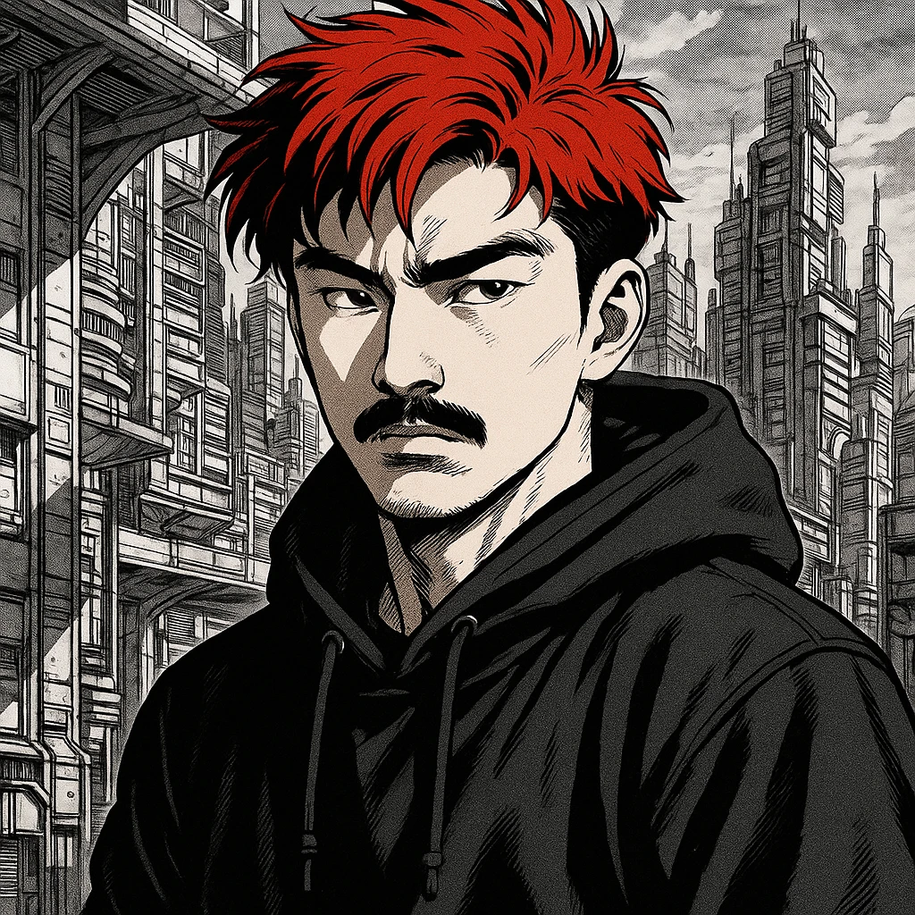Asian man with black mustache, red hair, black hoodie, Ghost in the Shell manga style, futuristic city background, sharp shadows, high detail emoji
