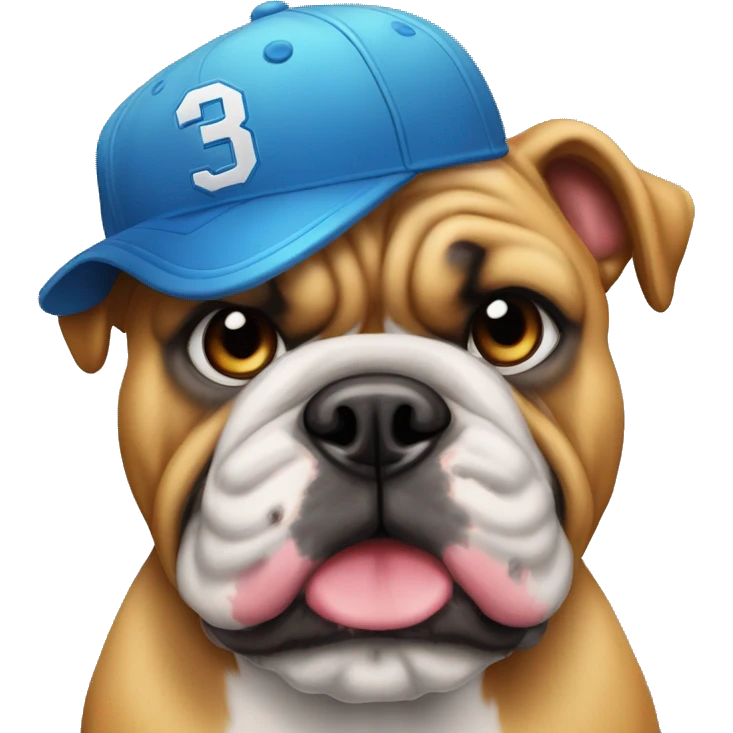 Un perro de la raza bulldog con una gorra de beisbol emoji