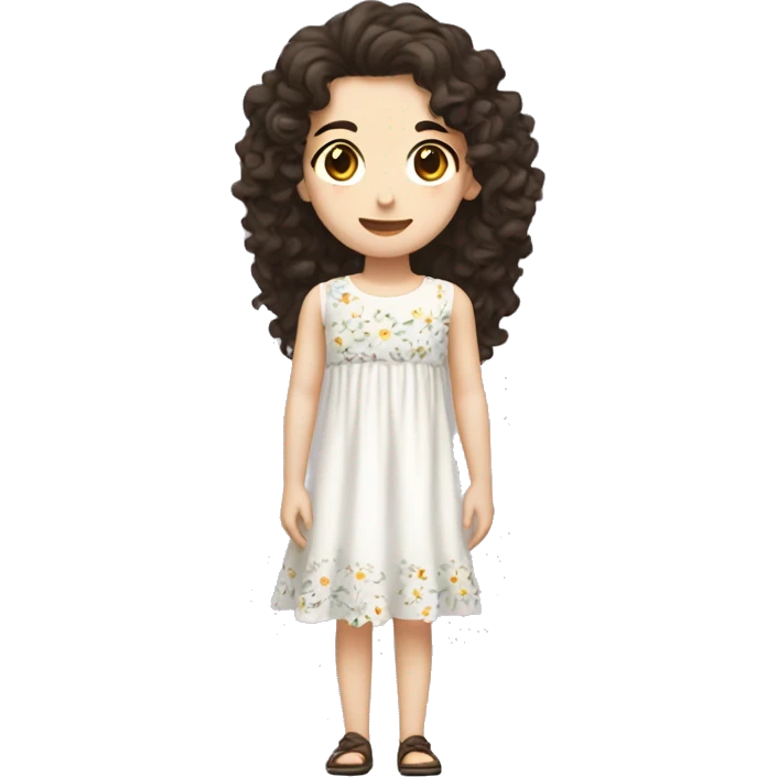 girls with white pale skin, with dark brown eyes, with dark brown long curly hair mullet shag, with a cute white flowery dress emoji