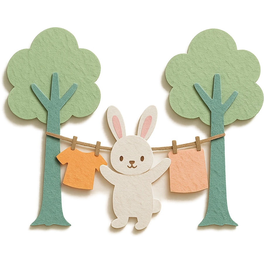 bunny hanging laundry between trees, calming domestic forest feel, soft pastel colors, paper-craft style emoji