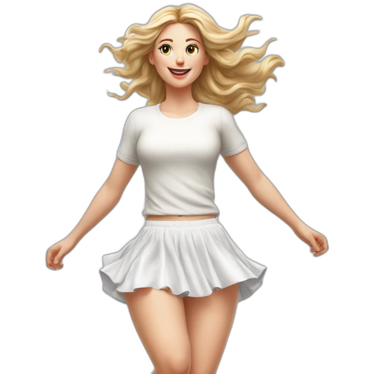 hyperrealistic-full-body-caucasian-curvy-beauty-jumping-small white-skirt-back-and-front-views-strong-wind-knickers white socks emoji