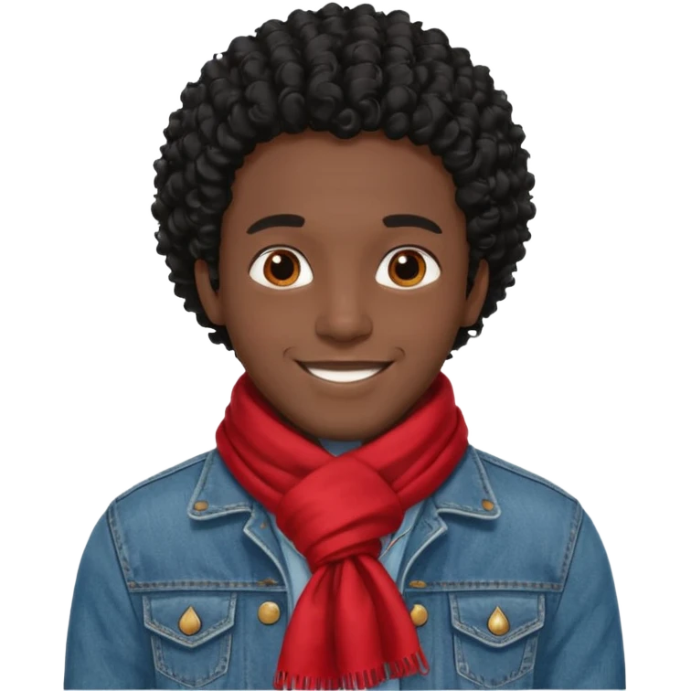 black skin man, curly black hair wear red scraft, jean jacket emoji