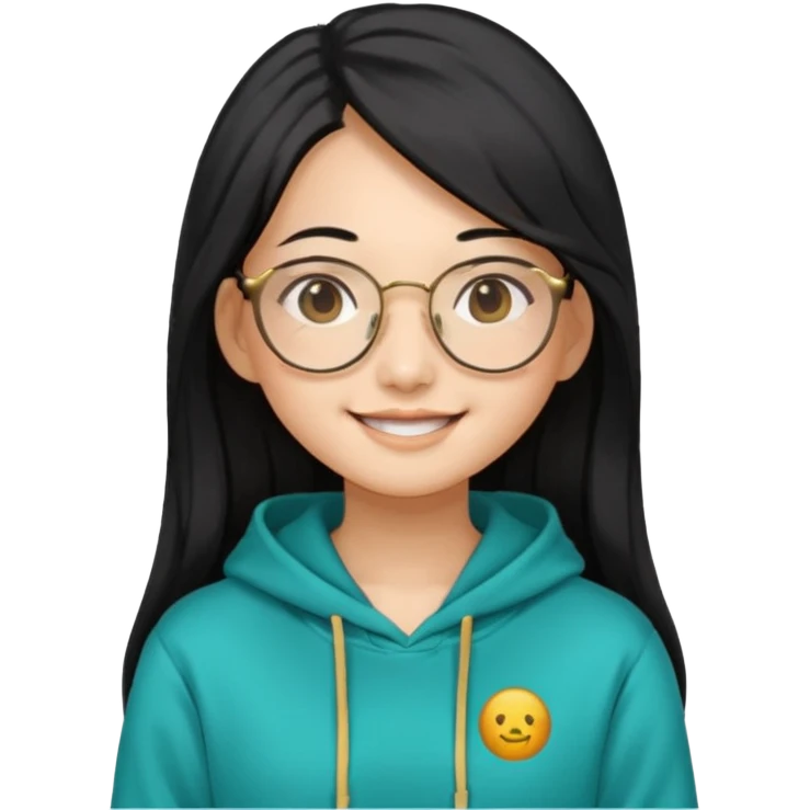 generate a smiling chinese female with long black hair, golden rim glasses, and a teal hoodie emoji