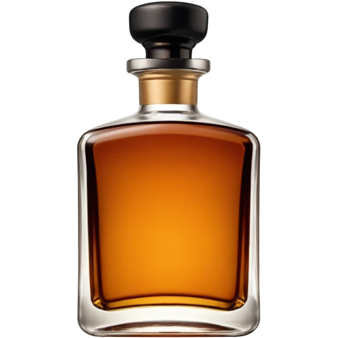 short square-shouldered glass bottle filled with rich amber-brown liqueur, dark glossy glass, wide black or dark brown cap, compact elegant silhouette, no label, no garnish, sealed bottle, soft lighting, subtle shadows, emoji scale emoji