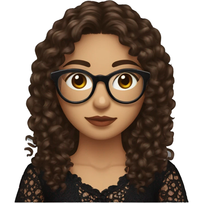 Hispanic woman with long chocolate brown curly hair,cateye black glasses, brown eyes, holding a ball of yarn with a needle in it, wearing a black lace shirt emoji